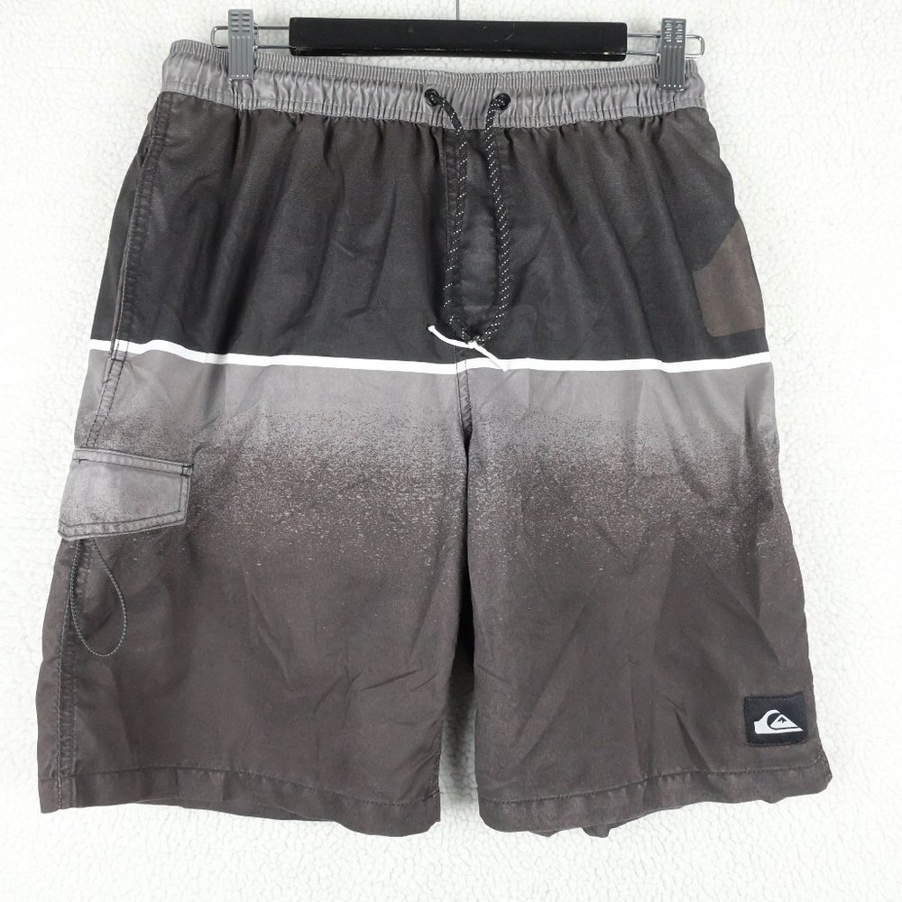 Quiksilver Swim Trunks Mens Small Gray Black Cargo Pocket Lined Beach Surf Swim